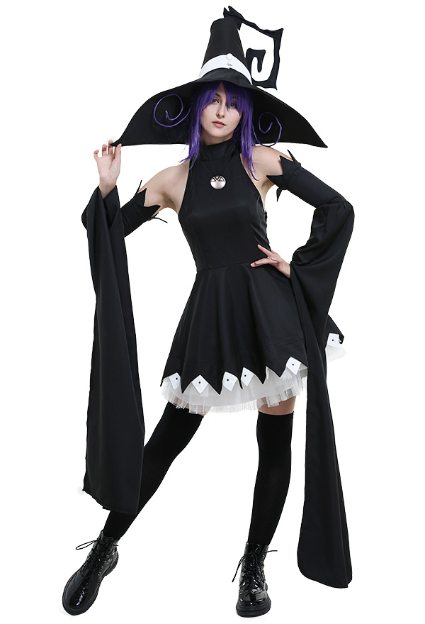 Blair Gothic Dark Night Witch Dress Black Lace Decorated Hem Long Off-Shoulder Sleeves Halloween Costume with Witch Hat Blair Gothic Dark Night Witch Dress Black Lace Decorated Hem Long Off-Shoulder Sleeves Halloween Costume with Witch Hat