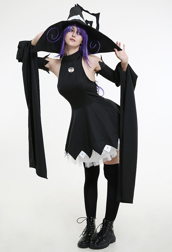 Blair Gothic Dark Night Witch Dress Black Lace Decorated Hem Long Off-Shoulder Sleeves Halloween Costume with Witch Hat Blair Gothic Dark Night Witch Dress Black Lace Decorated Hem Long Off-Shoulder Sleeves Halloween Costume with Witch Hat