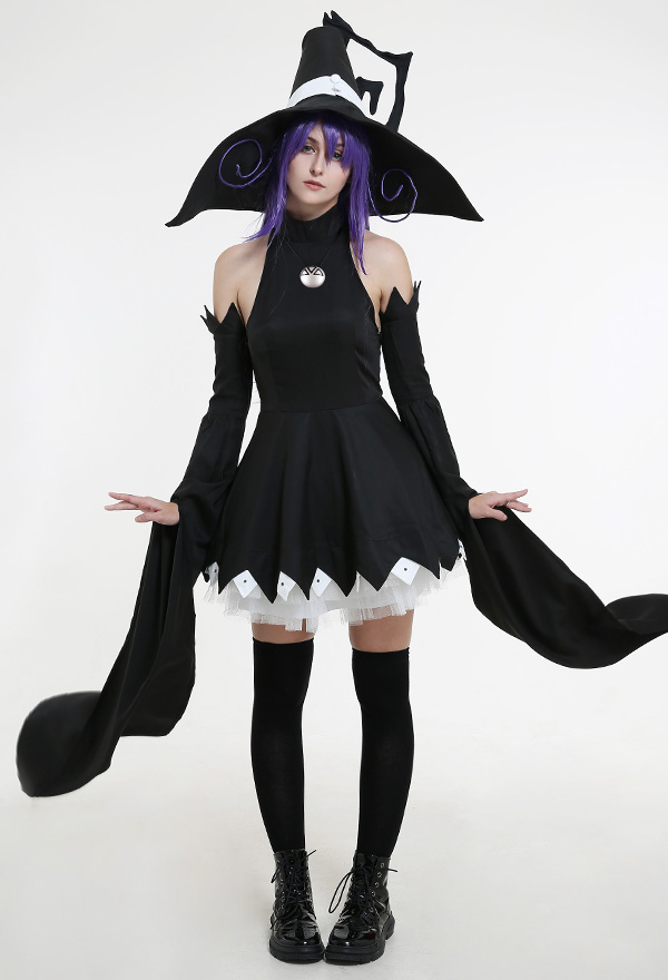 Blair Gothic Dark Night Witch Dress Black Lace Decorated Hem Long Off-Shoulder Sleeves Halloween Costume with Witch Hat Blair Gothic Dark Night Witch Dress Black Lace Decorated Hem Long Off-Shoulder Sleeves Halloween Costume with Witch Hat