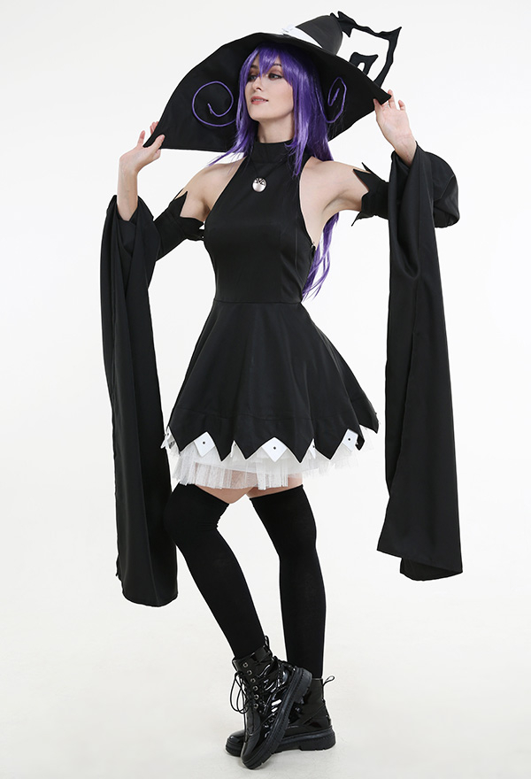 Blair Gothic Dark Night Witch Dress Black Lace Decorated Hem Long Off-Shoulder Sleeves Halloween Costume with Witch Hat Blair Gothic Dark Night Witch Dress Black Lace Decorated Hem Long Off-Shoulder Sleeves Halloween Costume with Witch Hat