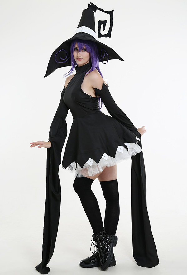 Blair Gothic Dark Night Witch Dress Black Lace Decorated Hem Long Off-Shoulder Sleeves Halloween Costume with Witch Hat Blair Gothic Dark Night Witch Dress Black Lace Decorated Hem Long Off-Shoulder Sleeves Halloween Costume with Witch Hat
