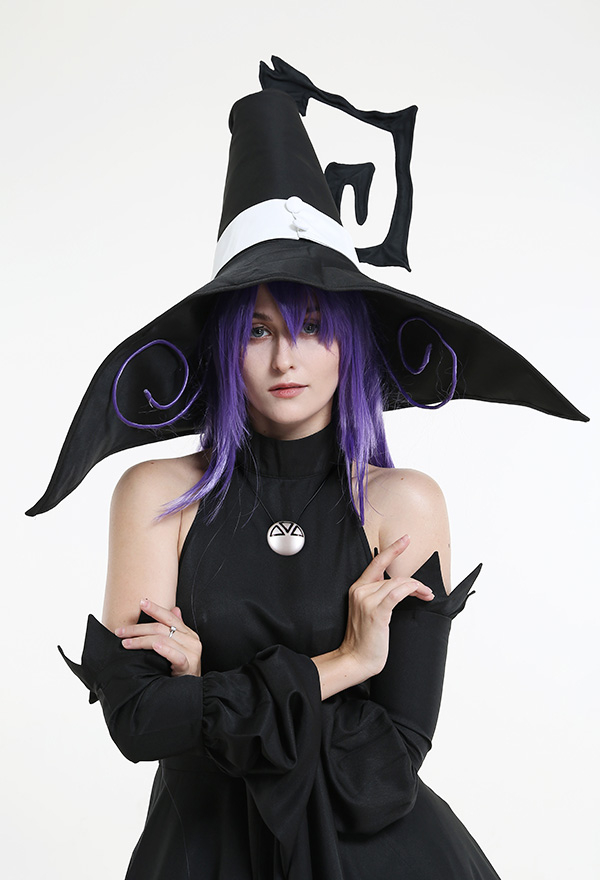 Blair Gothic Dark Night Witch Dress Black Lace Decorated Hem Long Off-Shoulder Sleeves Halloween Costume with Witch Hat Blair Gothic Dark Night Witch Dress Black Lace Decorated Hem Long Off-Shoulder Sleeves Halloween Costume with Witch Hat