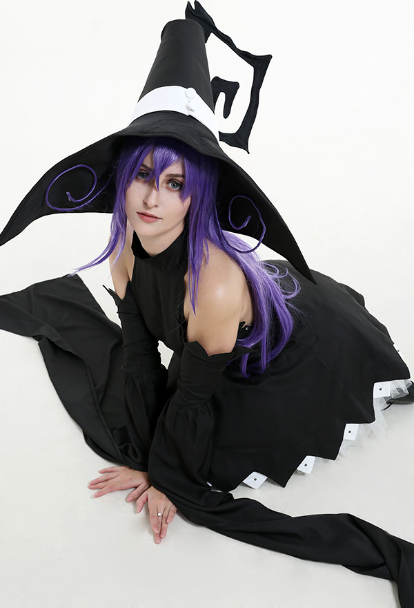 Blair Gothic Dark Night Witch Dress Black Lace Decorated Hem Long Off-Shoulder Sleeves Halloween Costume with Witch Hat Blair Gothic Dark Night Witch Dress Black Lace Decorated Hem Long Off-Shoulder Sleeves Halloween Costume with Witch Hat