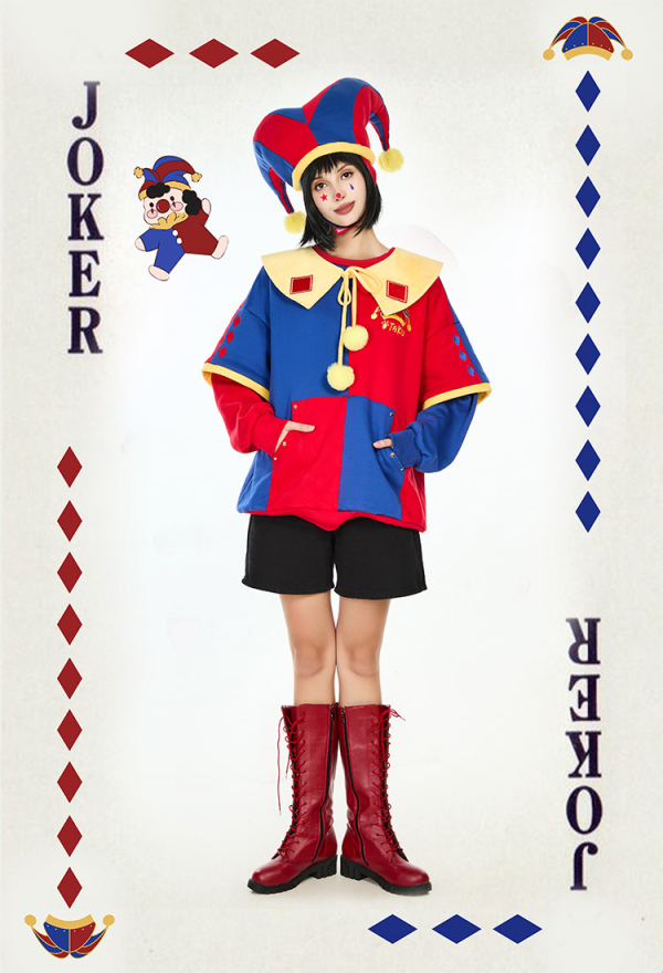 Clown Hoodie Red and Blue Color-block Paw Hoodie