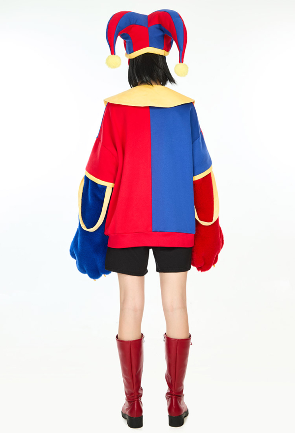 Clown Hoodie Red and Blue Color-block Paw Hoodie