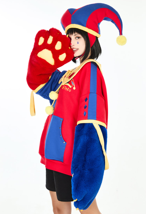 Clown Hoodie Red and Blue Color-block Paw Hoodie