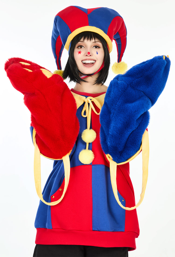 Clown Hoodie Red and Blue Color-block Paw Hoodie