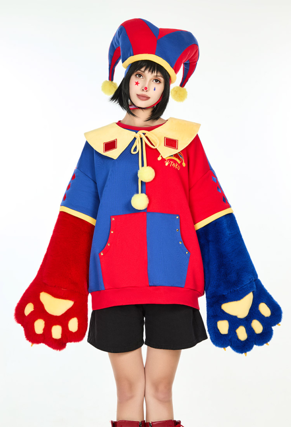 Clown Hoodie Red and Blue Color-block Paw Hoodie