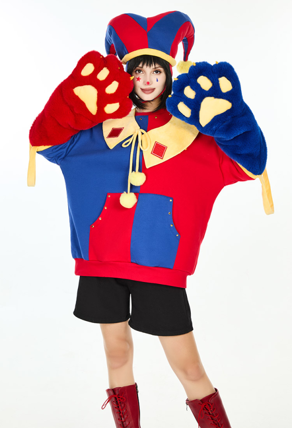 Clown Hoodie Red and Blue Color-block Paw Hoodie
