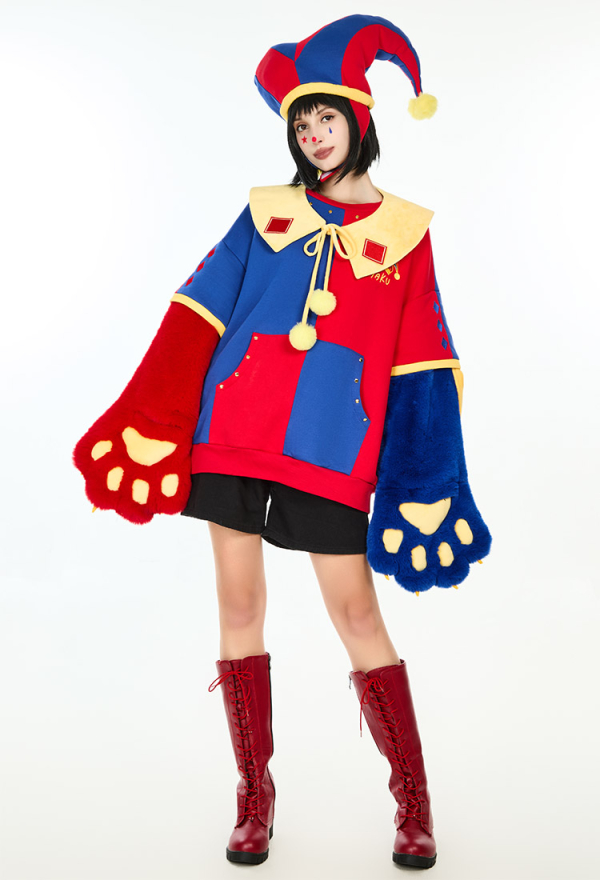 Clown Hoodie Red and Blue Color-block Paw Hoodie