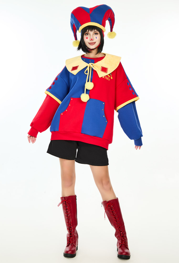 Clown Hoodie Red and Blue Color-block Paw Hoodie