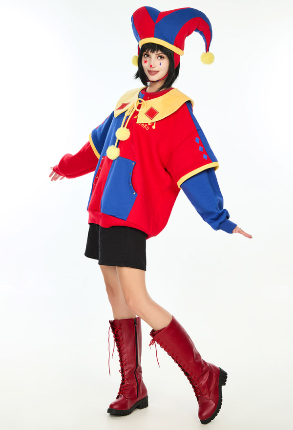Clown Hoodie Red and Blue Color-block Paw Hoodie