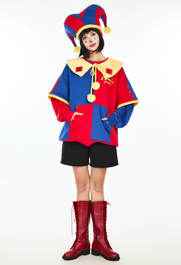 Clown Hoodie Red and Blue Color-block Paw Hoodie