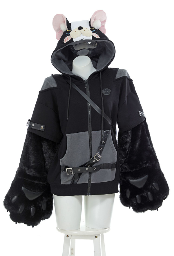 French Bulldog Hoodie Black and Gray Furry Paw Hoodie Daily Wear