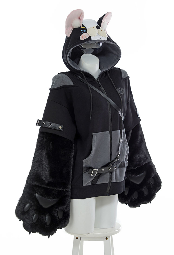 French Bulldog Hoodie Black and Gray Furry Paw Hoodie Daily Wear