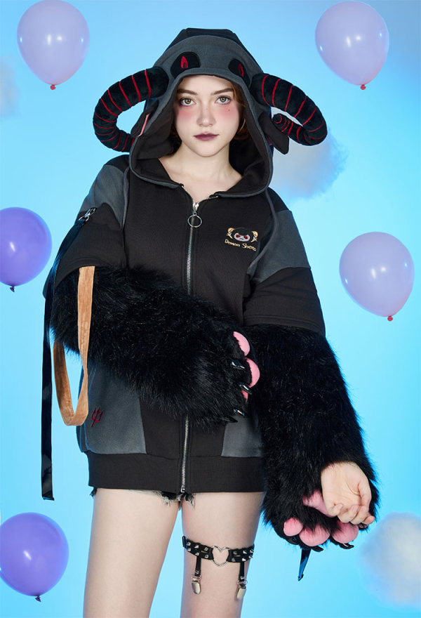 Demon Sheep Hoodie Black Plush Paw Hoodie Daily Wear Demon Sheep Hoodie Black Plush Paw Hoodie Daily Wear