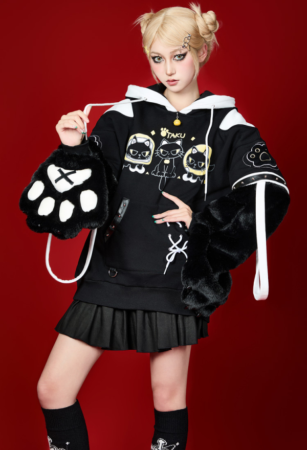 Cute but Sharp Cat Hoodie Black and White Furry Paw Hoodie Daily Wear Cute but Sharp Cat Hoodie Black and White Furry Paw Hoodie Daily Wear