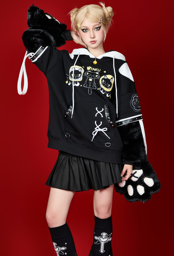 Cute but Sharp Cat Hoodie Black and White Furry Paw Hoodie Daily Wear Cute but Sharp Cat Hoodie Black and White Furry Paw Hoodie Daily Wear