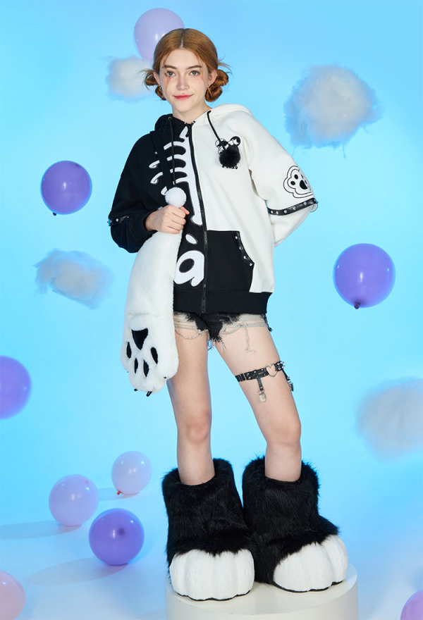 Skeleton Bear Hoodie Black and White Furry Paw Hoodie Daily Wear Skeleton Bear Hoodie Black and White Furry Paw Hoodie Daily Wear