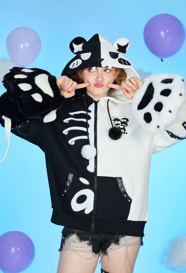 Skeleton Bear Hoodie Black and White Furry Paw Hoodie Daily Wear Skeleton Bear Hoodie Black and White Furry Paw Hoodie Daily Wear
