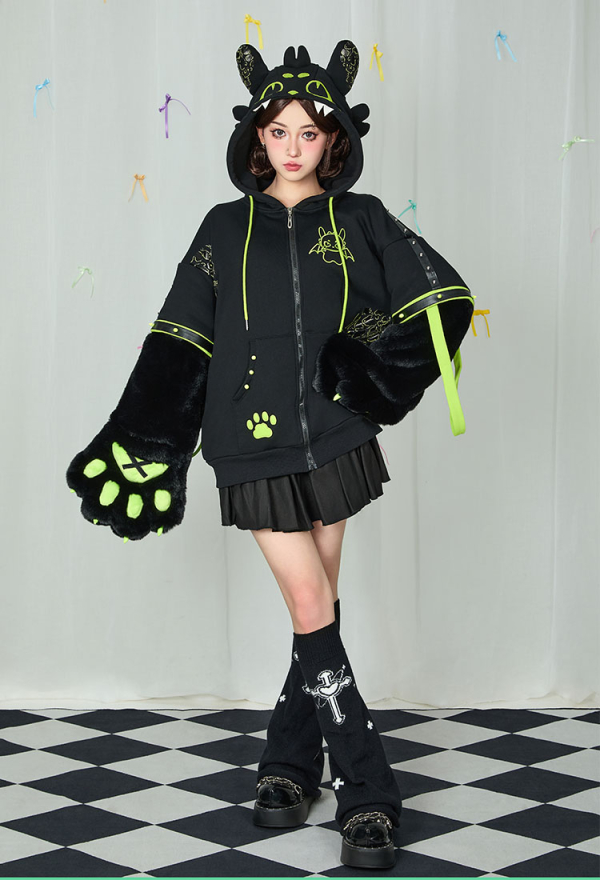 Dragon Paw Hoodie Black and Green Zip Up Hoodie Daily Wear