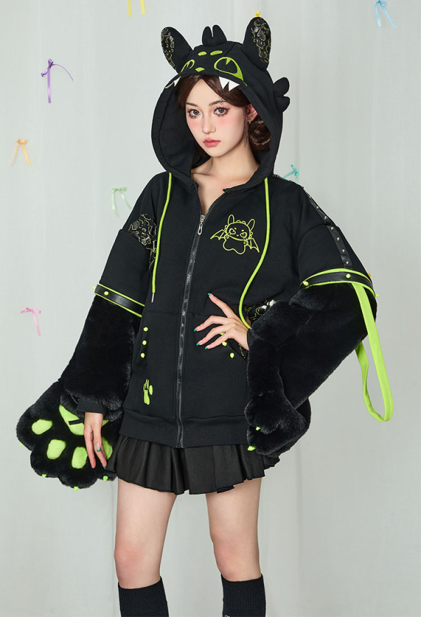 Dragon Paw Hoodie Black and Green Zip Up Hoodie Daily Wear