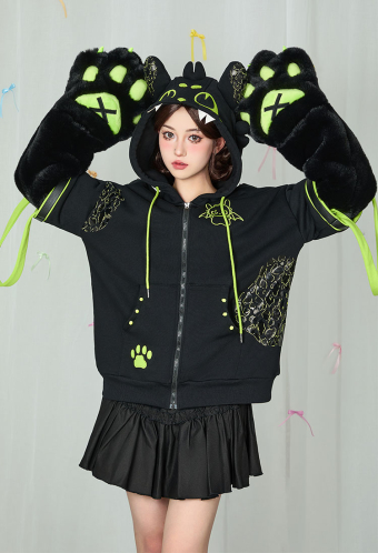 Dragon Paw Hoodie Black and Green Zip Up Hoodie Daily Wear