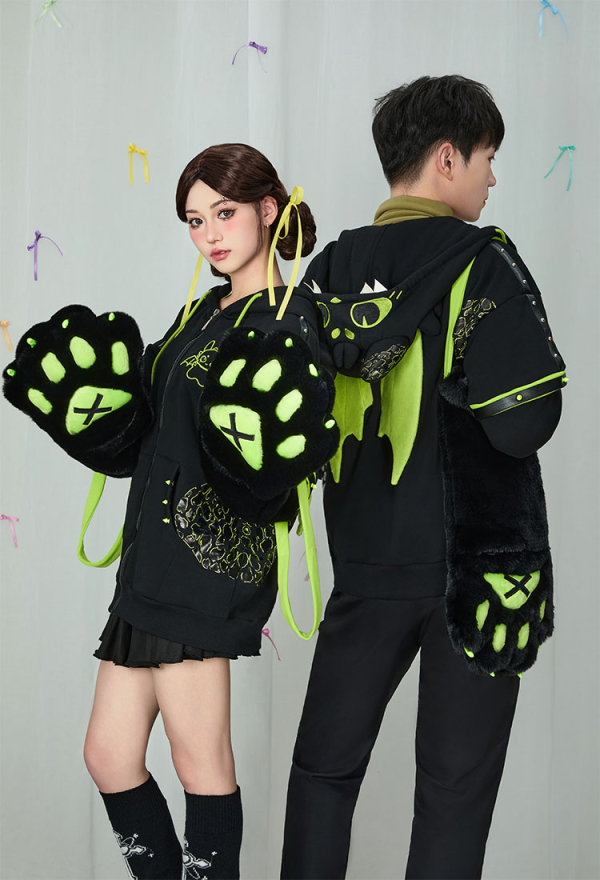 Dragon Paw Hoodie Black and Green Zip Up Hoodie Daily Wear