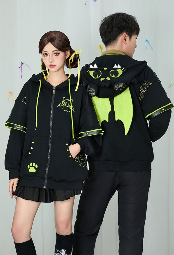 Dragon Paw Hoodie Black and Green Zip Up Hoodie Daily Wear