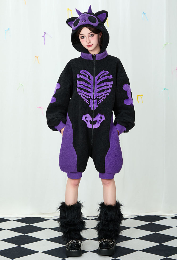 Gothic Black and Purple Pajama Cat Skull Plush Onesie Homewear