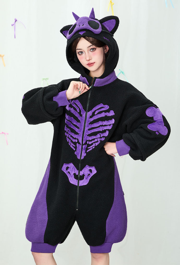 Gothic Black and Purple Pajama Cat Skull Plush Onesie Homewear