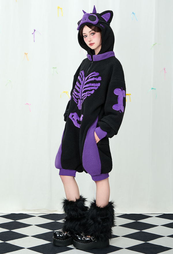 Gothic Black and Purple Pajama Cat Skull Plush Onesie Homewear
