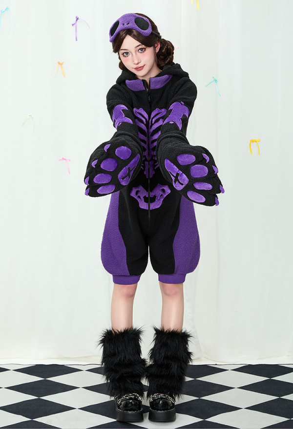 Gothic Black and Purple Pajama Cat Skull Plush Onesie Homewear