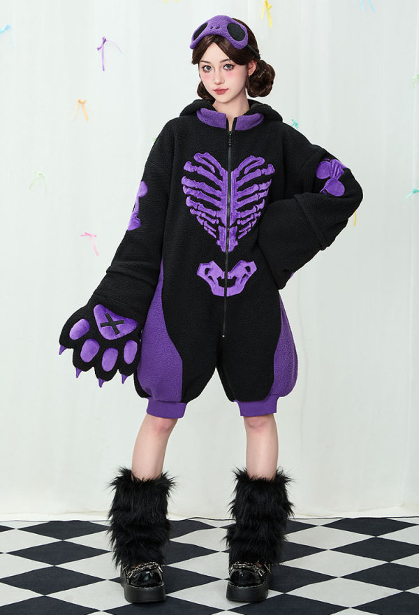 Gothic Black and Purple Pajama Cat Skull Plush Onesie Homewear