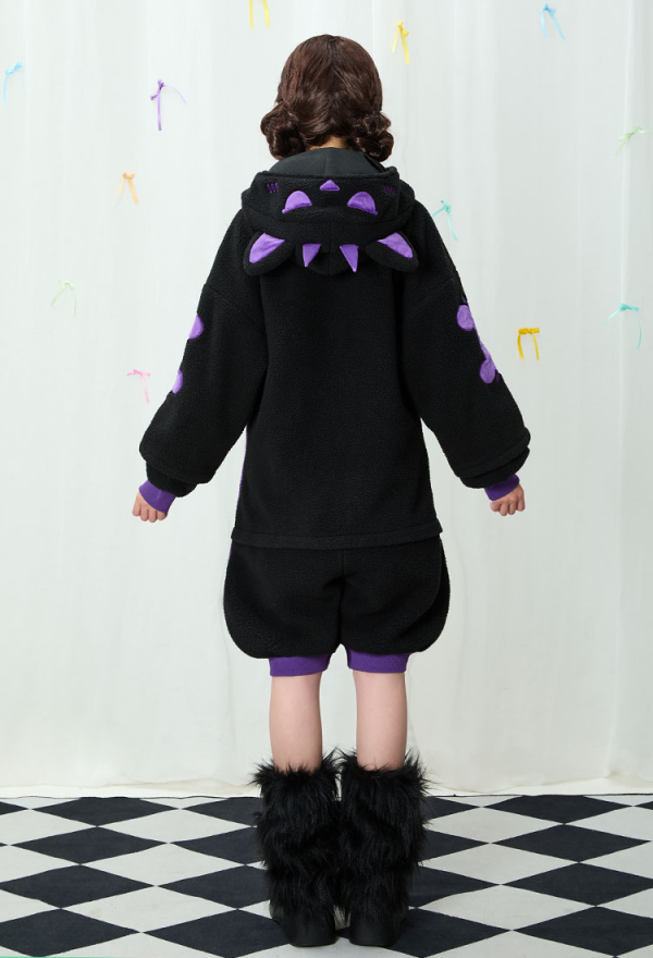 Gothic Black and Purple Pajama Cat Skull Plush Onesie Homewear