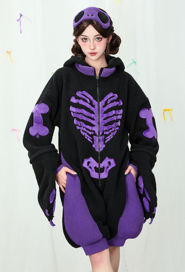 Gothic Black and Purple Pajama Cat Skull Plush Onesie Homewear