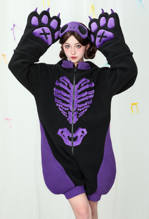 Gothic Black and Purple Pajama Cat Skull Plush Onesie Homewear