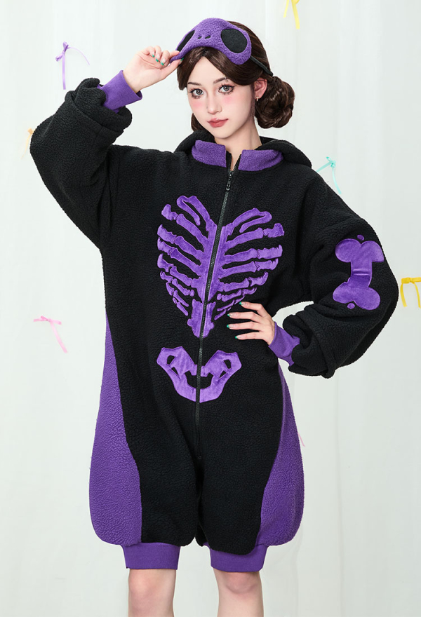 Gothic Black and Purple Pajama Cat Skull Plush Onesie Homewear