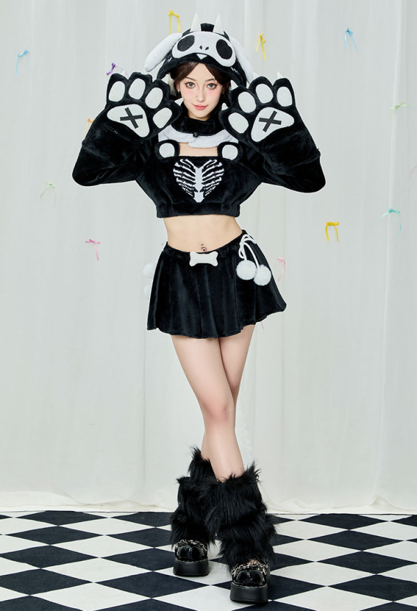 Black and White Skeleton Top and Skirt Set Demon Dog Skull Plush Set with Hat