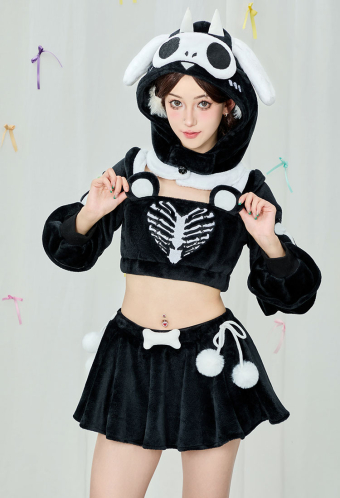 Black and White Skeleton Top and Skirt Set Demon Dog Skull Plush Set with Hat