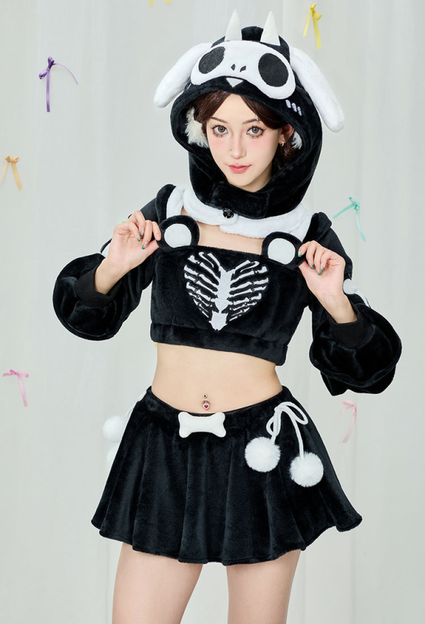 Black and White Skeleton Top and Skirt Set Demon Dog Skull Plush Set with Hat