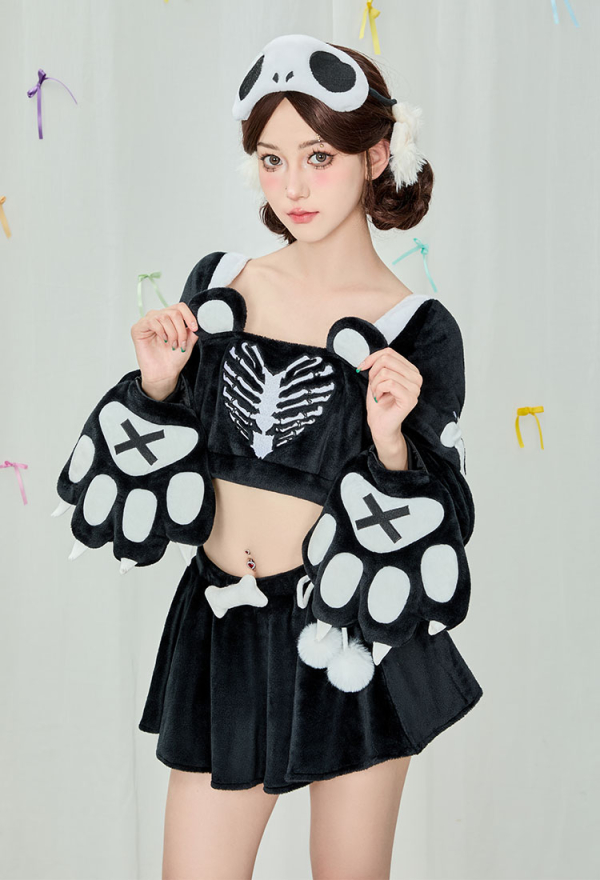 Black and White Skeleton Top and Skirt Set Demon Dog Skull Plush Set with Hat