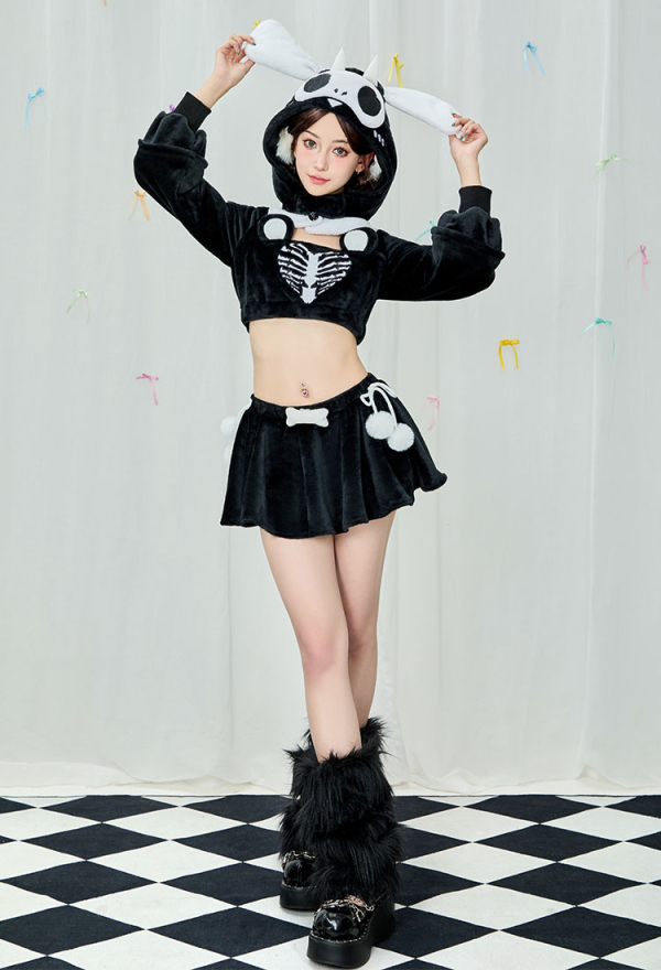 Black and White Skeleton Top and Skirt Set Demon Dog Skull Plush Set with Hat