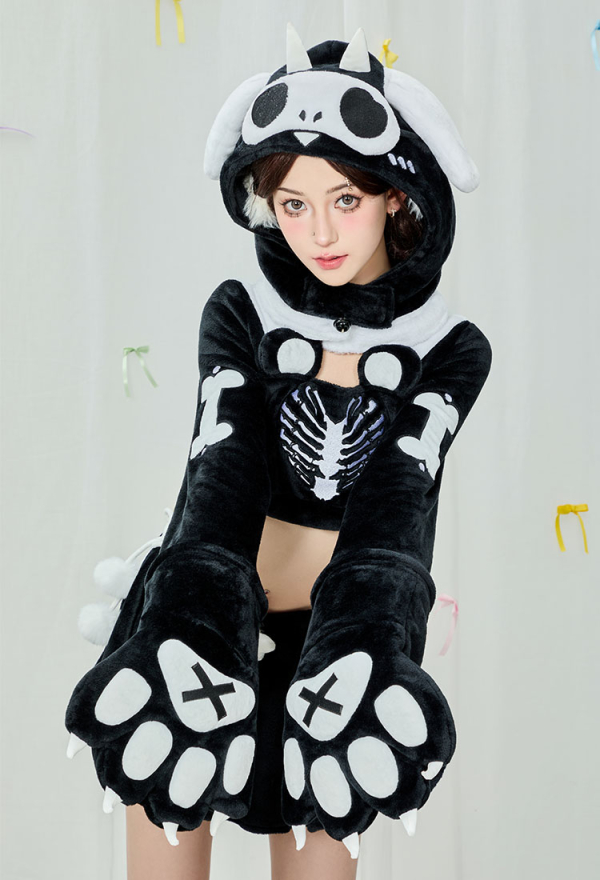 Black and White Skeleton Top and Skirt Set Demon Dog Skull Plush Set with Hat