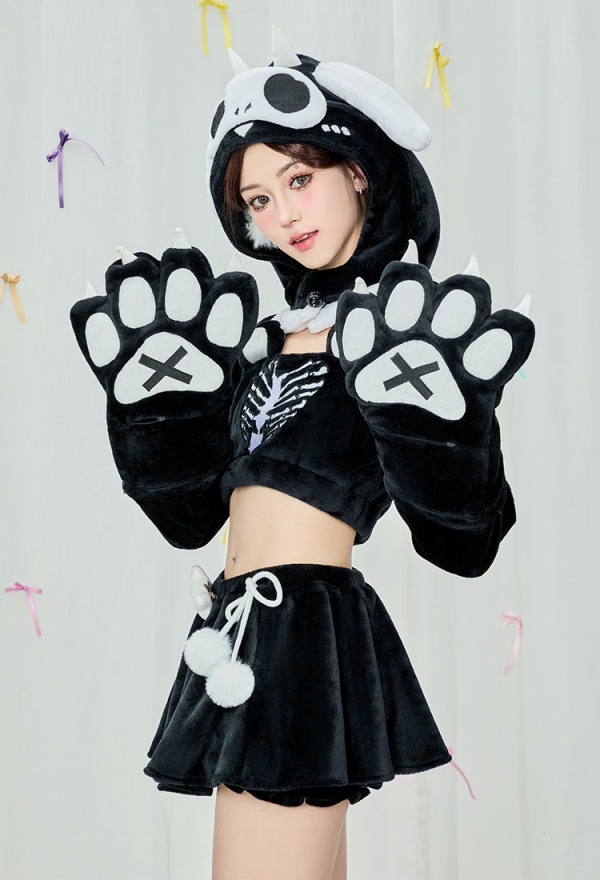 Black and White Skeleton Top and Skirt Set Demon Dog Skull Plush Set with Hat