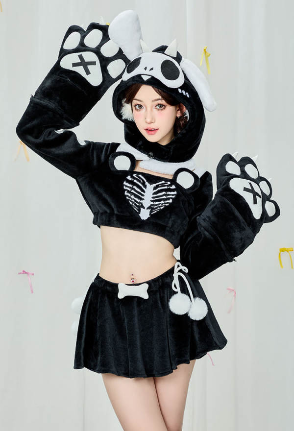 Black and White Skeleton Top and Skirt Set Demon Dog Skull Plush Set with Hat