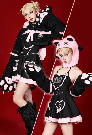 Heart Kitty Black and Pink Paw Hoodie Dress Set with Bows Daily Wear