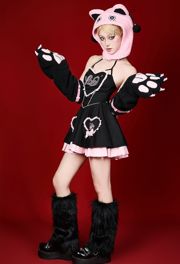 Heart Kitty Black and Pink Paw Hoodie Dress Set with Bows Daily Wear Heart Kitty Black and Pink Paw Hoodie Dress Set with Bows Daily Wear