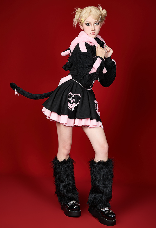 Heart Kitty Black and Pink Paw Hoodie Dress Set with Bows Daily Wear Heart Kitty Black and Pink Paw Hoodie Dress Set with Bows Daily Wear