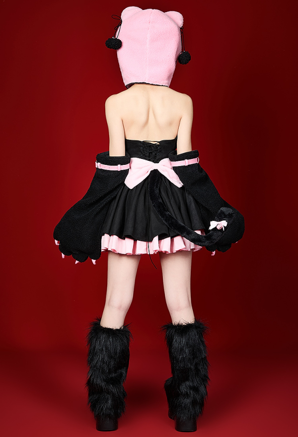 Heart Kitty Black and Pink Paw Hoodie Dress Set with Bows Daily Wear Heart Kitty Black and Pink Paw Hoodie Dress Set with Bows Daily Wear
